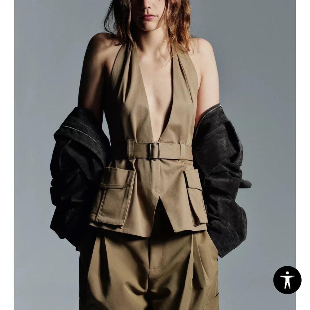 Zara pocket halter top tan | buckle halter top v neck backless
